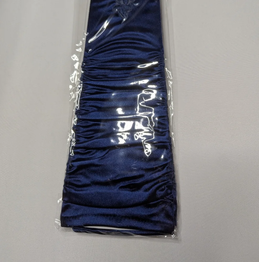 New Womens Navy Blue Satin Beaded Embroidered Fingerless Gloves One Size